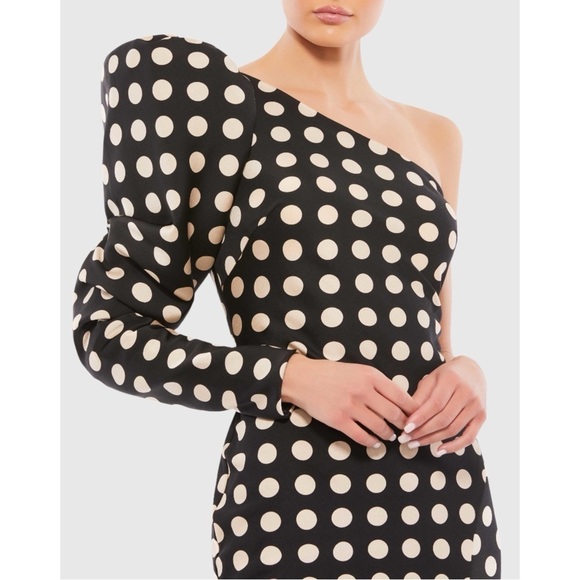 ANTHROPOLOGIE Mac Duggal One Shoulder Polka Dot Sheath Gown Maxi Dress 10 NWT - Picture 3 of 17